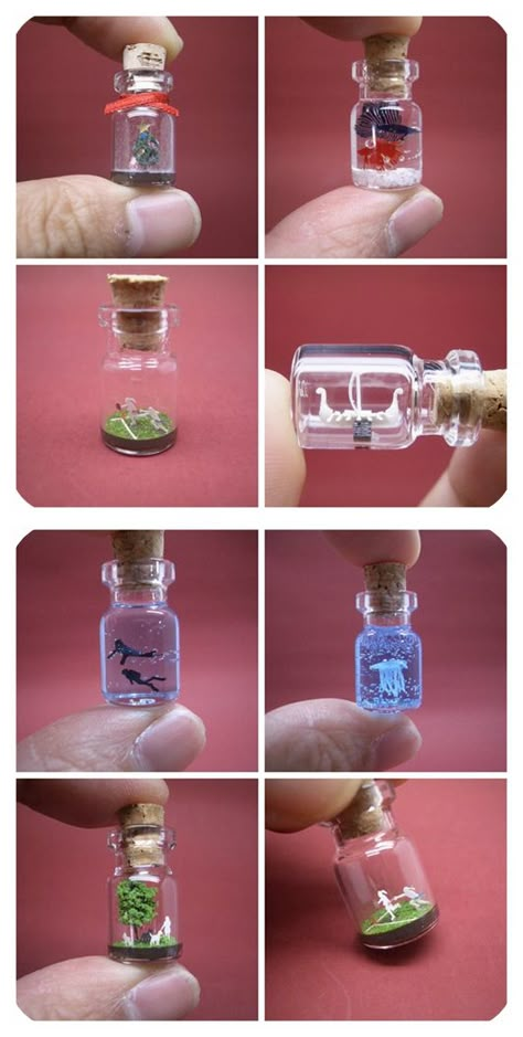 What To Put In Tiny Glass Bottles, Tiny Glass Bottles Craft Ideas, Mini Glass Container Ideas, Diy Small Glass Bottles, Glass Vial Crafts, Tiny Bottle Necklaces, Small Glass Bottles Ideas, What To Do With Mini Jars, What To Do With Small Glass Bottles