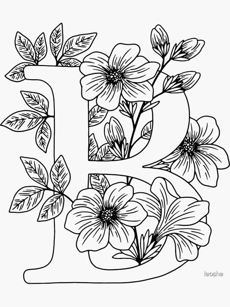 "B - Monogram Floral Botanical" Sticker by leoshe | Redbubble Floral Monogram Letter Embroidery, Pyrography Patterns Printable, Alphabet With Flowers, Letter Coloring Pages, Floral Monogram Letter, Beautiful Coloring Pages, Pyrography Patterns, B Monogram, Art Coloring Pages