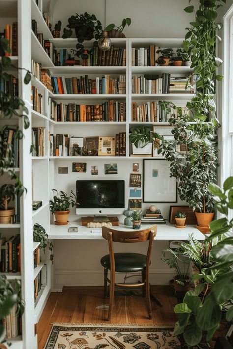 Desk Library Ideas, Scandinavian Home Library, Scandinavian Aesthetic Home, Natural Desk Setup, Scandinavian Home Office Ideas, Apartment Library Ideas, Bookshelves Small Space, Small Library Office, Small Bedroom Library