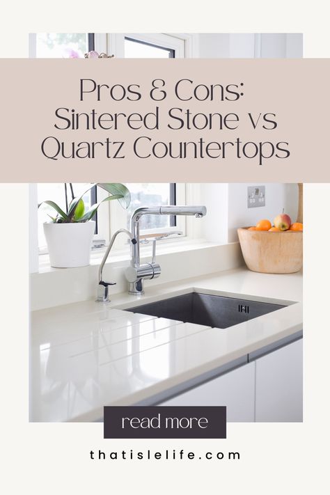 Pros & Cons: Sintered Stone vs Quartz Countertops Sintered Stone Countertops Kitchen, Sintered Stone Countertops, Sintered Stone Kitchen, Kitchen Top Stone, Stone Kitchen Countertops, Simple Kitchen Ideas, Stone Countertops Kitchen, Kitchen And Dining Room Ideas, Quartz Stone Countertops