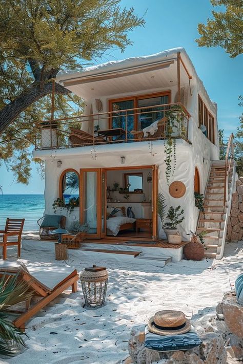 Tiny Home Inspo Exterior, Tropical Apartment Architecture, Beach House Plants, Cozy Beach House Exterior, Small Aesthetic House, Tiny Beach House Plans, Beach House Exterior Tropical, Belize Aesthetic, Beach House Apartment