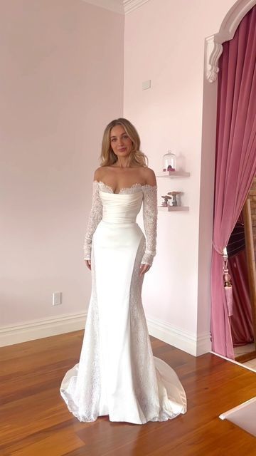 Brides After Wedding Outfit, Wedding Dresses W Sleeves, Wedding Dress Bottom Styles, Wedding Dress Styles With Sleeves, Elegant Straight Wedding Dress, Minimalist Wedding Dresses Lace, Open Sleeve Wedding Dress, Wedding Dresses Berta Bridal, Slight Off The Shoulder Wedding Dress