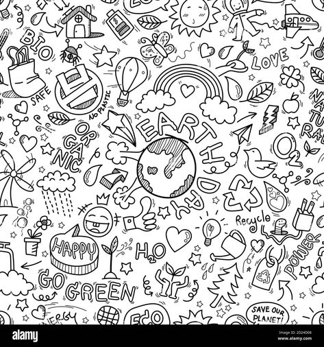 Download this stock vector: Earth day doodles seamless pattern background. hand drawn of Earth day, Ecology , go green, clean power doodle set isolated on white background - 2D24D08 from Alamy's library of millions of high resolution stock photos, illustrations and vectors. Earth Doodle, Background Doodles, Doodle Google, Autumn Doodles, Free Doodles, Earth Drawings, Doodle Background, Notebook Drawing, Green Clean