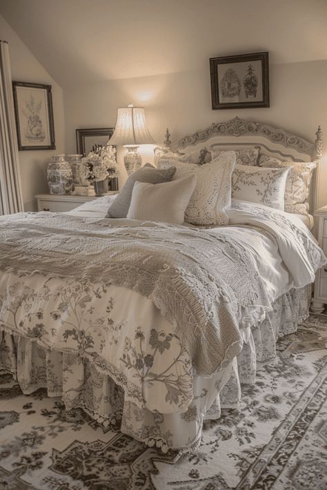 feminine farmhouse bedroom White Metal Frame Bedroom Ideas, Neutral Romantic Bedroom, Feminine Bedroom Ideas For Women, French Cottage Bedroom Ideas, Cottage Bedroom Design, Southern Living Bedroom, French Country Bedrooms Romantic, French Vintage Bedroom, Modern Feminine Bedroom