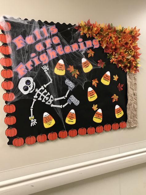 Fall risk, hospital, bulletin board, Halloween Cute Bulliten Board Ideas Schools, Fall Halloween Bulletin Board Ideas, Hospital Fall Decorations, Er Bulletin Board Ideas, Hospital Unit Decorations, Nursing Home Fall Decorating Ideas, Nursing Home Skills Fair Ideas, Hospital Employee Bulletin Board Ideas, Nursing Home Bulletin Boards