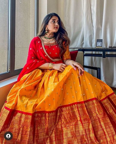 Kanjivaram Silk Lehenga, Lehenga Designs Wine Colour, Latest Half Sarees Weddings, Red And Gold Half Saree, Bandini Dupatta For Half Saree, Lehenga With Pattu Saree, Lehanga Photo Poses Traditional, Lehanga Designs Pattu, Latest Half Saree Designs Simple