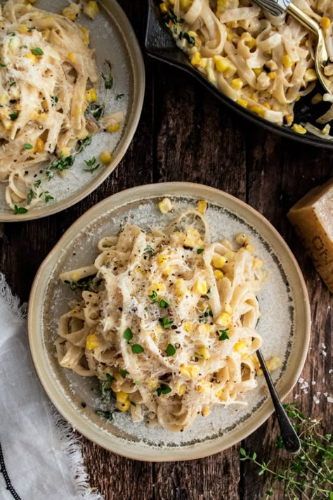 Creamy Corn Fettuccine - The Original Dish Monthly Meals, The Original Dish, Vegetarian Eating, Noodles Recipes, Corn Pasta, Cherry Tomato Pasta, Creamy Corn, Summer Corn, Pasta Dinners