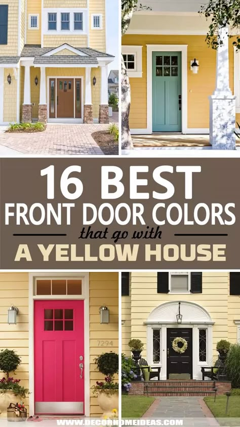 Front Door Colors With Light Yellow Siding, Black Front Door Yellow House, Exterior House Colors Yellow Siding, Small Yellow House Exterior, Modern Yellow House Exterior, Yellow House Shutter Color Ideas, What Color Shutters For Yellow House, Shutter Colors For Yellow Siding, Yellow House Exterior Black Shutters