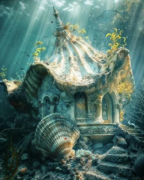 Fantasy Sea Kingdom, Ocean Fantasy Art Underwater, Ocean Faerie, Fantasy Water Kingdom, Mermaid House Underwater, Merfolk Aesthetic, Mermaid Village, Underwater Village, Rhea Goddess