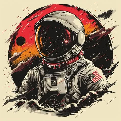 The image shows an astronaut with a retro helmet and spacesuit. The astronaut is standing on a planet with a red sky and a moon in the background ->> more details in ai-img-gen.com Astronaut Helmet Illustration, Astronaut Art Drawing, Gamer Photo, Wallpaper For Keyboard, Astronaut On Moon, Astronomy Wallpaper, Alien Illustration, Astronaut Artwork, Circular Background