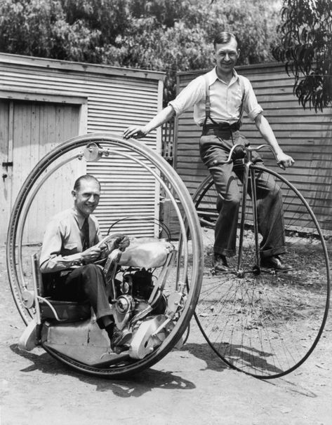 One-Wheeled Motorcycles: As Cool as They Are Wildly Dangerous | Walter Nilsson aboard his version of the monowheel in Los Angeles around 1935.  His assistant is riding an old timey penny farthing bike.  courtesy of Getty Images  | WIRED.com One Wheel, Velo Vintage, Penny Farthing, Tiny Cars, Unicycle, Fat Bike, Pedal Cars, Retro Futuristic, Go Kart