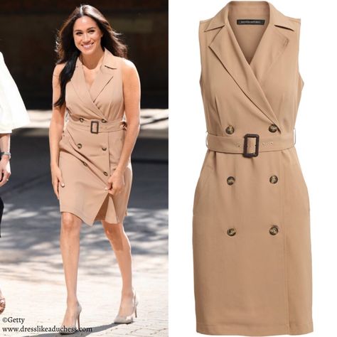 Meghan Markle Wears Banana Republic Trench Dress for Solo Visit - Dress Like A Duchess Trench Dress Outfit, Megan Markle Dress, University Of Johannesburg, Khaki Dresses, Meghan Markle Dress, Outfit Office, Sleeveless Trench, Double Breasted Dress, Meghan Markle Style