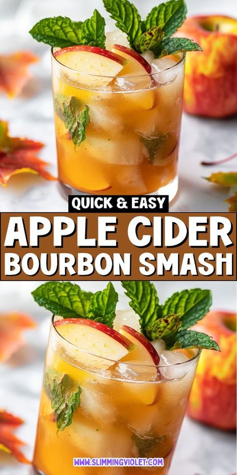 Apple Cider Bourbon Smash is a bold and refreshing autumn alcoholic drink. Ideal for a Thanksgiving party, this cocktail blends the rich flavors of bourbon with the crisp taste of apple cider. Save this pin for a smashing good time! Apple Crisp Alcoholic Drink, Alcoholic Beverages For Fall, Apple Cider And Bourbon Punch, Alcoholic Cider Drinks, Apple Cider Liquor Drinks, Apple Cider Cinnamon Drink, Apple Cider Smash, Maple Bourbon Apple Cider, Apple Cider Whiskey Smash