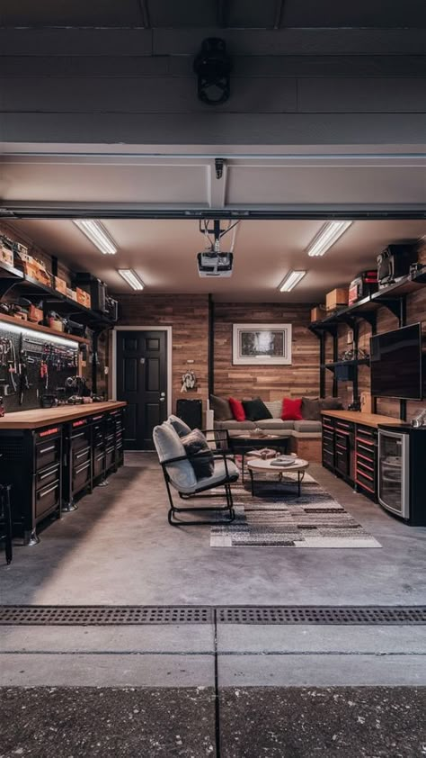 Back Garage Ideas, Chic Garage Ideas, Garage And Man Cave Combo, Rustic Garage Ideas Interior, Garage Mens Cave Ideas, Garage Cave Man Ideas, Garage Bar Decor Ideas, Turning Garage Into Office, Finished Garage Ideas Man Cave