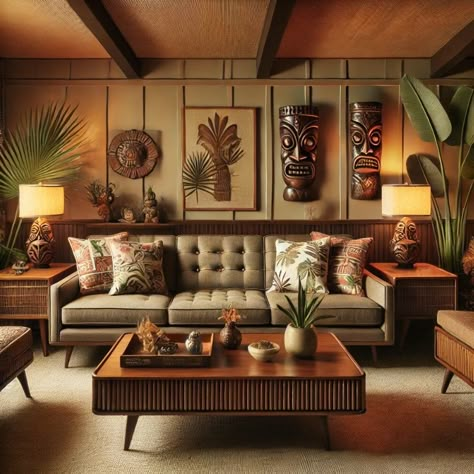 If you dig these Tiki Retro vibes, be sure to check out our unique range of home décor! From vintage-inspired statement pieces to subtle tropical touches, Tiki Treasures brings a splash of nostalgia to your modern space. Explore our collection today and turn your home into the ultimate retro oasis. 🌴✨ Tropical Furniture Living Room, Retro Tiki Decor, Tiki Style Decor, Modern Tiki Decor, Mid Century Tropical Decor, Retro Lounge Room Ideas, Tiki Lounge Ideas, Tiki Home Decor, Tiki Living Room