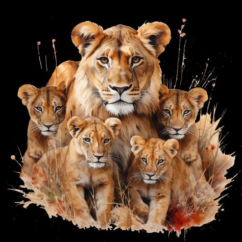 Lioness and four cubs #lionesses #lionlove #lioncubs #sublimationprint #clipart #wildlifelover #wildlifesafari #artjournalpage #greetingcarddesign #illustrationdigital Lioness Images, Lioness And Cub Tattoo, Lion Cub Tattoo, Lioness Quotes, Lioness And Cubs, Cubs Tattoo, Lion Couple, Animal Tattoo Ideas, Lion Family