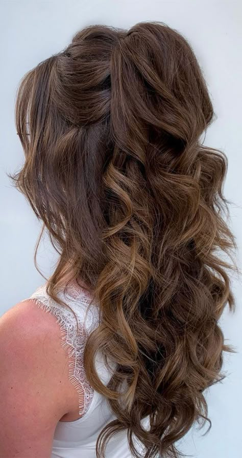 Half Way Up Hairstyles Wedding, Halfup Hairstyle Wedding, Volumous Half Up Half Down Hair, Half Up Half Down Bridesmaid Hair Curly, Wedding Curly Hairstyles Half Up, Curled Half Up Half Down Wedding, Brids Mades Hair Styles Half Up, Wedding Hair Bridesmaid Half Up, Half Up Half Down Event Hair