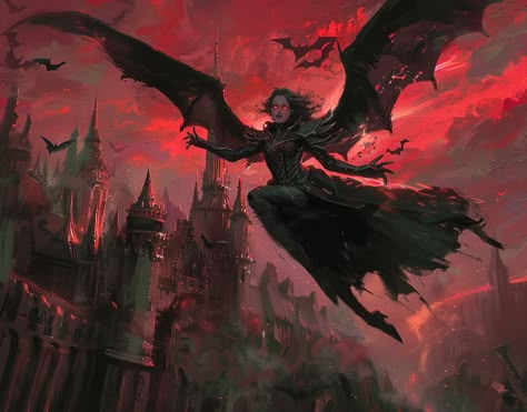 a middle aged female vampire noble with red eyes flying above a dark castle, dramatic lighting, random perspective, detailed background, mtg fantasy oil illustration Vampire Mtg Art, Medieval Vampire Art, Vampires Fantasy Art, Vampire Art Fantasy Dark, Strigoi Vampire, Dark Vampire Art, Fantasy Vampire Art, Dark Female Art, Dark Fantasy Vampire