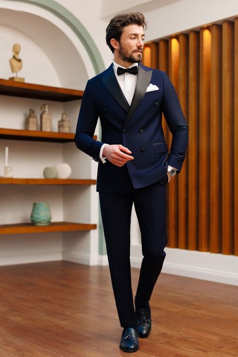 Introducing our Navy Double Breasted Tuxedo 2-Piece, a timeless ensemble exuding navy elegance with a touch of modern flair. The classic navy hue brings a sense of refinement, making it an ideal choice for various formal events. #tuxedo #suits #mensstyle #menstyle #fashion #outfit #formalwear #menfashion #fashionformen #style #dapper #gentleman #doublebreasted Man Dress Design, Prom Suits For Men, Mens Casual Suits, Suit Styles, Double Breasted Tuxedo, Suit Stores, Blazer Outfits Men, Slim Fit Suit Men, Madrid Wallpaper