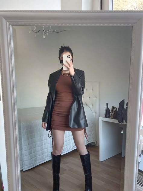 Brown Dress Leather Jacket, Leather Jacket On Dress, Dress Leather Jacket Boots, Brown Dress Outfit Aesthetic, Dress With Leather Jacket And Boots, Formal Dress With Leather Jacket, Brown Dress With Black Boots, Brown Dress Black Boots, Grey Mini Dress Outfit