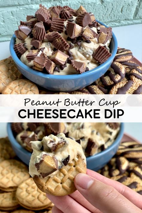 Creamy peanut butter cup cheesecake dip is loaded with peanut butter cups and mini chocolate chips! This is what dessert dip dreams are made of! Peanut Butter Cup Cheesecake Dip, Peanut Butter Cup Dessert Recipes, Reeses Cheesecake Dip, Reese’s Cheesecake Dip, Snickerdoodle Dip Recipe, Reese’s Dip, Peanut Butter Cream Cheese Dip, Dipping Desserts, Christmas Dessert Dip Recipes