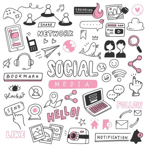 Hand drawn social media doodle set Premium Vector Social Media Doodle, Doodle Doodle, Print Design Template, Rose Gold Texture, Watercolor Paper Texture, Neon Backgrounds, Doodle Icon, Digital Marketing Business, Doodle Designs