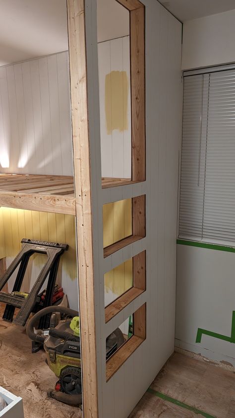 Twin Bed Built In, High Rise Bed, Diy Bunk Beds Plans, Built In Bunkbeds, Bunk Bed Wall, Bunk Bed Plan, Cabin Bunk Beds, Diy Storage Bed, Custom Bunk Beds