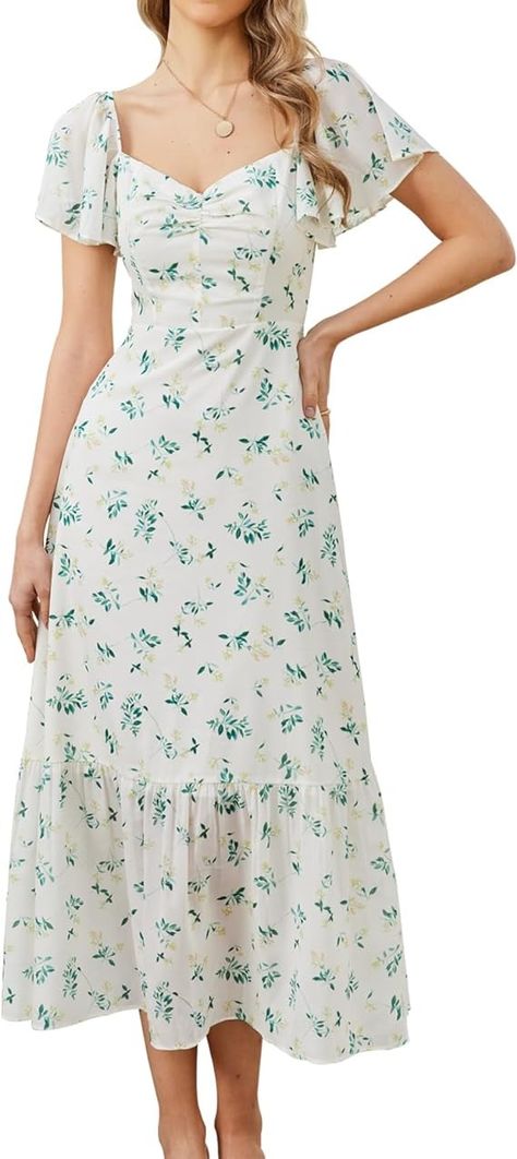 GLNEGE Women's 2024 Summer Short Sleeve Midi Floral Dresses Casual Boho Flowy Beach Dress Smocked Sundresses at Amazon Women’s Clothing store Flowy Casual Outfits, Sun Dresses Casual, Simple Sun Dress, Sun Dresses Modest, Sundress With Sleeves, Beach Floral Dress, Amazon Summer Dresses, Pretty Sundresses, Floral Dresses Casual