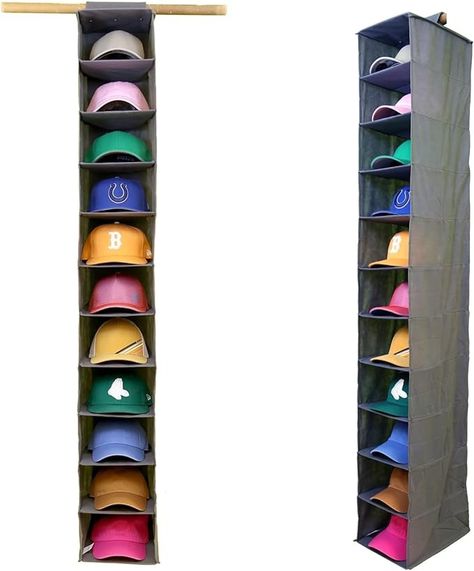 Amazon.com: Perfect Curve 11-Pocket Closet Cap Organizer. 11 Shelf Hanging Closet Hat Organizer for Baseball Caps - Hat Storage For Up To 100 Caps - Baseball Hat Organizer - Gray : Home & Kitchen Mens Hat Organization, Cap Holder Hats Organizers, Baseball Cap Organization, Baseball Hat Organization, Ball Cap Storage, Baseball Hat Display, Baseball Hat Organizer, Hat Storage Ideas, Baseball Hat Storage