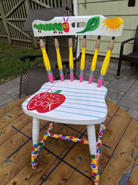 Teacher Chair For Carpet, Teacher Furniture Ideas, Wooden Teacher Chair, Painted Teacher Chair Classroom, Teacher Read Aloud Chair, Painted Classroom Chair, Classroom Chair Ideas, Classroom Rocking Chair Teachers, Teacher Chairs For Classroom Diy