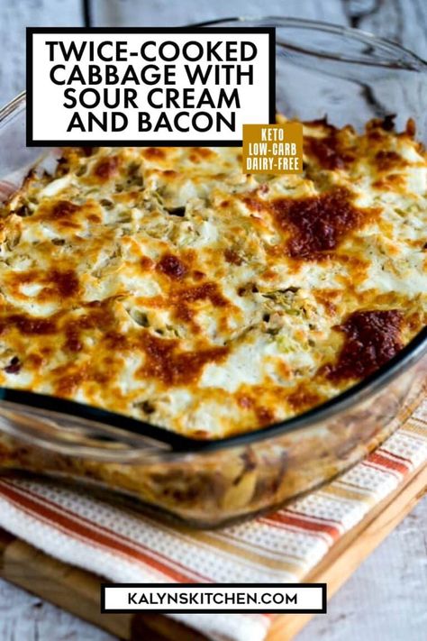 Twice-Cooked Cabbage with Sour Cream and Bacon is really a wow when you're looking for an interesting low-carb and Keto side dish! Or use more bacon if you prefer and eat the tasty twice-cooked cabbage for a main dish! [found on kalynskitchen.com] #TwiceCookedCabbage #CabbageCasserole Twice Cooked Cabbage With Sour Cream And Bacon, Cabbage Keto Recipes, Cabbage Keto, Keto Cabbage Recipe, Bacon Cabbage, Keto Cabbage, Cabbage Casserole Recipes, Keto Veggies, Baked Cabbage