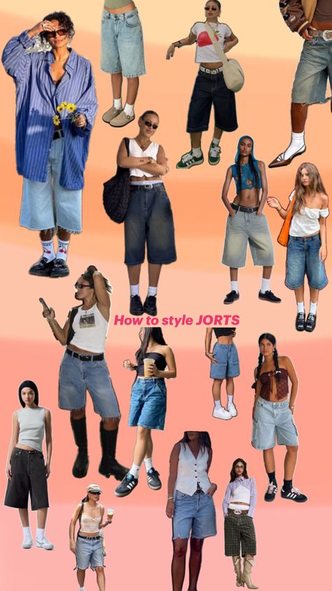 A Pinterest moodboard displaying different ways to style jorts. The collage includes outfits with jean shorts paired with oversized shirts, crop tops, and a variety of accessories. The styles range from sporty and casual to chic and edgy, showcasing versatile looks for different occasions. Style Jorts, Shirts Crop Tops, Midsize Outfits, Trendy Outfit Ideas, Shirts Crop, Japan Outfit, Oversized Shirts, Cycling Fashion, Trendy Outfit