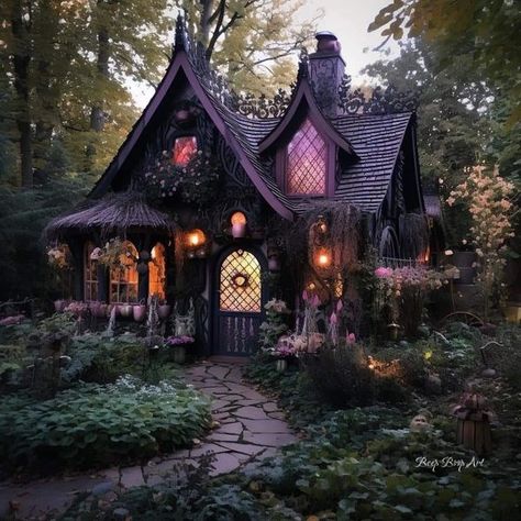 Witchy Houses Exterior, House In The Woods Aesthetic Dark, Witchy House Aesthetic Exterior, Witchy Home Exterior, Gothic She Shed, Dark Cottage Exterior, Dream Cottage House, Witch Cottage Exterior, Witchy House Exterior