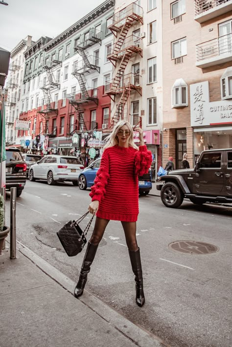 Little Italy NYC wearing Knit Bubble Sleeve Sweater Dress, fall outfit ideas, black to the knee boots, red dress. Red Knitted Sweater Dress, Knit Red Dress, Red Jumper Dress Outfit, Red Knit Dress Outfit Winter, Red Knitted Dress, Red Dress Boots Outfit, Red Dress With Black Boots, Red Sweater Outfit Fall, Red Dress Fall Outfit