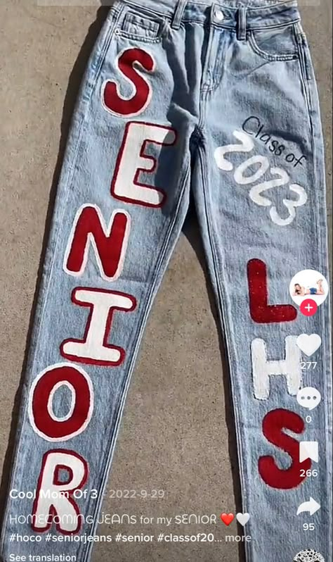 Blue And Gold Senior Jeans, Senior Sweatpants Ideas, Senior Jean Inspiration, Senior Overalls Black And Gold, Senior Jeans Red And White, Senior Pants High Schools 2025, Senior Jeans Cheer, Senior Jean Painting Ideas, Senior Shorts Painted