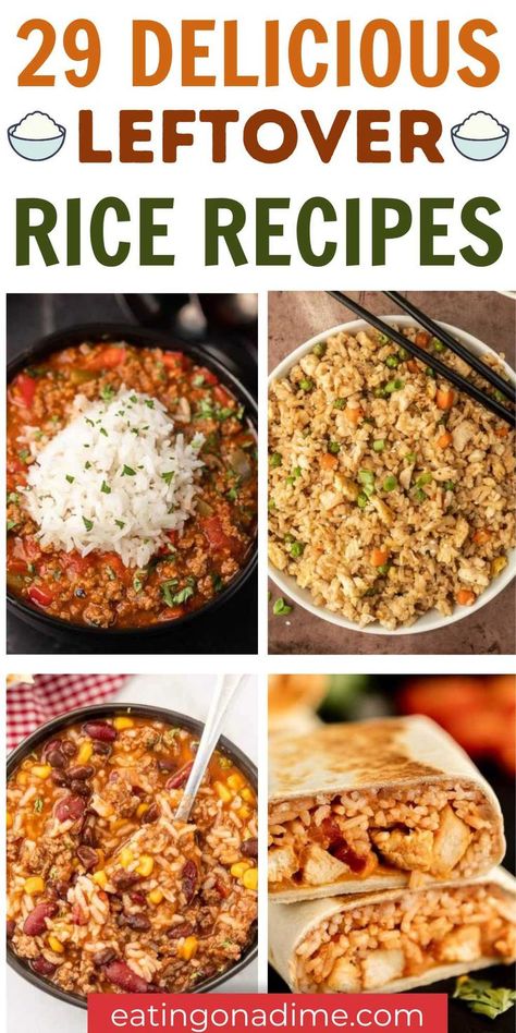 If you are looking for ways to use Leftover Rice Recipes, we have gathered over 25 recipes. These recipes are easy to make and delicious. Leftover cooked rice and be used in many different recipes. These 29 recipes will turn your leftovers into a delicious second meal. Make burrito bowls or chicken fried rice, the options are endless. #eatingonadime #leftoverrice #easyleftoverricerecipes Chinese White Rice Recipe, Leftover Rice Recipes Easy, Recipe Using Leftover Chicken, Meal Prep Crockpot, Rice Leftovers, Dirty Rice Recipe Easy, Filipino Meals, Using Leftover Rice, Cooked Rice Recipes