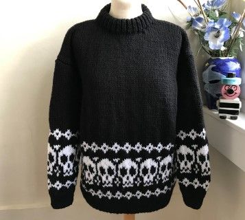 Goth Knit Sweater, Skull Sweater Knitting Pattern, Goth Knitting Pattern, Goth Knitwear, Goth Knitting, Lace Skull, Dresses Pattern, Hand Knitted Jumpers, Crochet Jumper