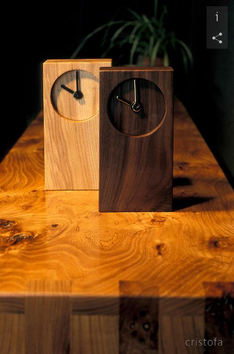 cristofa | wooden clocks standing on an elm sideboard Diy Projects Wood, Wood Clock Design, Wood Working Ideas, Wooden Clocks, Wall Clock Wooden, Diy Clock Wall, Wall Clock Design, Unique Wall Clocks, Wood Crafts Diy