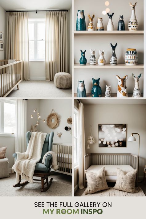 This Pinterest pin showcases minimalist nursery ideas. It features a collection of images highlighting various design elements for creating a serene and stylish baby room White Changing Table, Wooden Cribs, Beige Curtains, Minimalist Nursery, Calming Spaces, Crochet Wall Hangings, Nursery Office, Nursery Inspo, Clever Storage Solutions