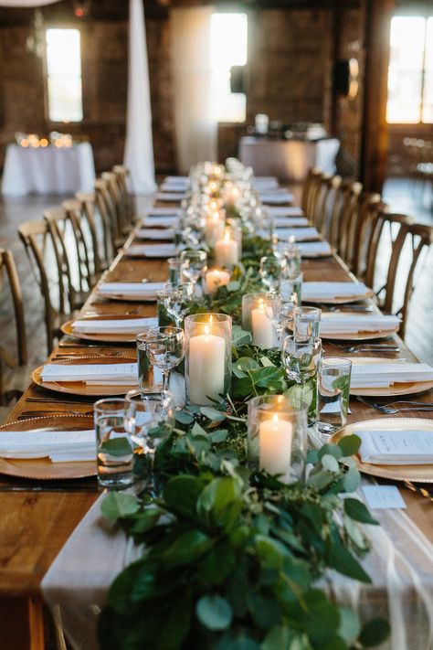 Simple Harvest Table Decor, Greenery Garland Centerpiece, Harvest Wedding Table, Wedding Table Settings With Candles, Long Wedding Table Decorations Simple, Wedding Table Greenery And Candles, Greenery Candles Wedding, Greenery And Candles Wedding Centerpiece, Harvest Table Wedding Decor