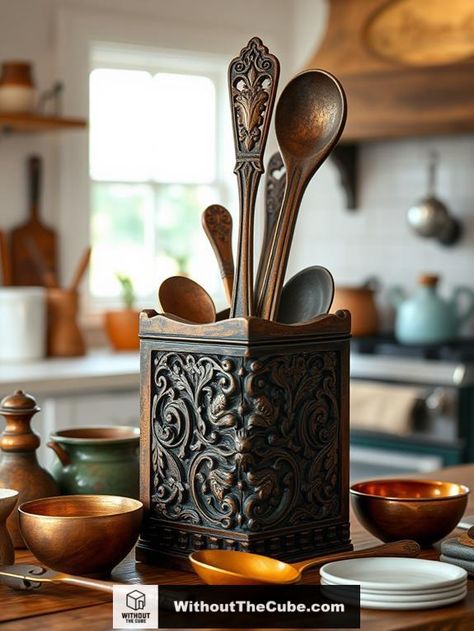 Antique utensil holders are more than just practical items; they're charming pieces of history that bring character to your kitchen. These vintage accessories not only serve functional purposes but also enhance the ambiance of your culinary space. Discover how they can transform your kitchen into a nostalgic haven. #HomeDecor #KitchenDesign #VintageKitchen #RetroStyle #RusticCharm #DecorInspiration Glassware Display, Unique Utensils, Antique Kitchen Utensils, Kitchen Styling Ideas, Accessories For Kitchen, Retro Kitchen Appliances, Retro Toaster, Creative Upcycling, Vintage Kitchen Accessories