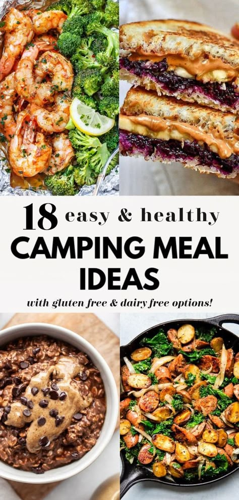 Looking for camping meals or ideas for camping food?? Check out this list of 18 of the best, simple, easy, healthy camping meals, many of which are remade or make ahead, great for breakfast, lunch, or dinner, and there’s vegan, vegetarian, dairy free, and gluten free options! Camping Meals Healthy Make Ahead, Easy Healthy Camper Meals, Best Camping Meals Make Ahead, Mediterranean Camping Meals, Mediterranean Camping Food, Festival Camping Meals, Vegan Gluten Free Camping Meals, Camping Food Prep Ahead, Healthy Cabin Meals