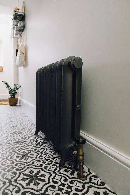 Interiors - Utility Boot Room - Roses and Rolltops Radiators Living Room, Black Radiator, Victorian Hallway, Rock My Style, Muddy Boots, Utility Cupboard, Patterned Tile, Tiled Hallway, Hallway Inspiration