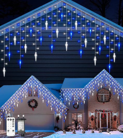 Icicle Outdoor Christmas Lights,10M/33FT 270 LED Icicle Lights with 45 Icicles,Blue White Fairy Twinkle Lights - IP44 Waterproof/Remote/8 Modes/Memory/Timer for Outside Eaves Xmas Roof Decorations : Amazon.co.uk: Lighting Outdoor Christmas Icicle Lights, Curtain Doors, Led Icicle Lights, Roof Decoration, Icicle Christmas Lights, Christmas Lights Outside, White Fairy, Icicle Lights, Meteor Shower