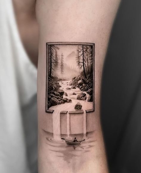 MOUNTAIN AND OCEAN TATTOO • Instagram Geometric Illusion Tattoo, Mountain And Ocean Tattoo, Crazy Optical Illusions, Black Hole Tattoo, Scenery Tattoo, Spiral Tattoos, Illusion Tattoos, Optical Illusion Tattoos, Ocean Tattoo