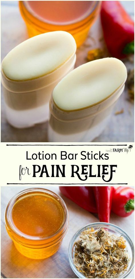 Lotion Bar Sticks for Pain Relief - This easy DIY recipe features a trio of herbs (cayenne, ginger and arnica flowers) that have been shown to help relieve pain, inflammation, arthritis and achy muscles. Săpunuri Handmade, Salve Recipes, Diy Lotion, Lotion Bar, Homemade Lotion, Herbal Recipes, Natural Healing Remedies, Diy Recipe, Homemade Bath Products