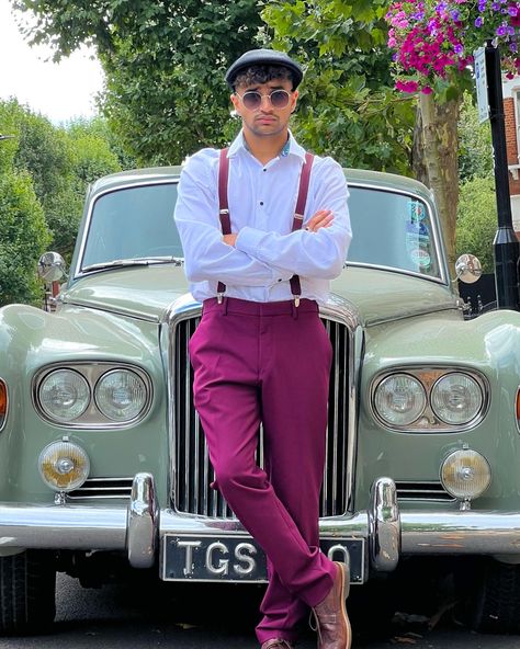 1950s Mens fashion. Maroon Trousers and suspenders. Peaky blinders who? 50s Sock Hop Outfit Men, Grease Outfits 1950s Men, Mens 50s Outfit, Retro Outfits Formal, 1950s Mens Fashion Greaser, 1950s Male Fashion, 60s Aesthetic Vintage Fashion, Men Fashion 50s, Retro Male Outfits