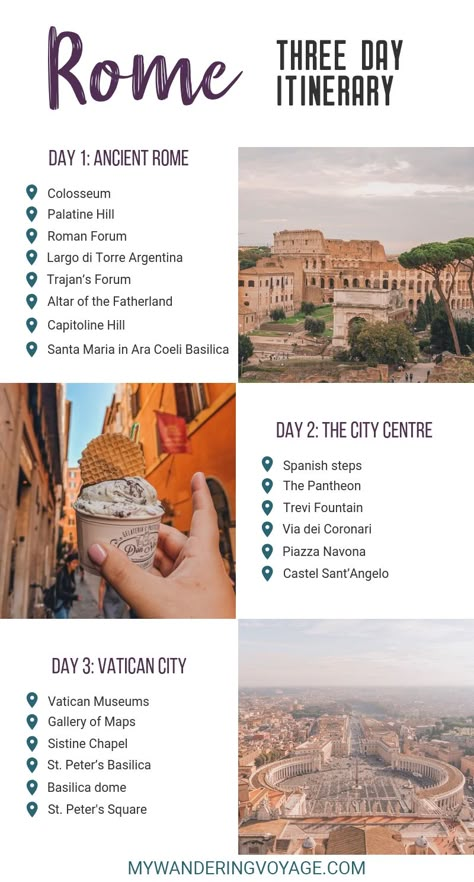 Visit Rome, Italy – the eternal city – and visit some of the most beautiful and historical sites in just three days. Here are the things to do in Rome in 3 days. | My Wandering Voyage travel blog #rome #italy #travel 3 Days In Rome, Italy Trip Planning, Visit Rome, Rome Itinerary, Outfit Travel, Italy Travel Tips, Italy Travel Guide, Voyage Europe, Destination Voyage