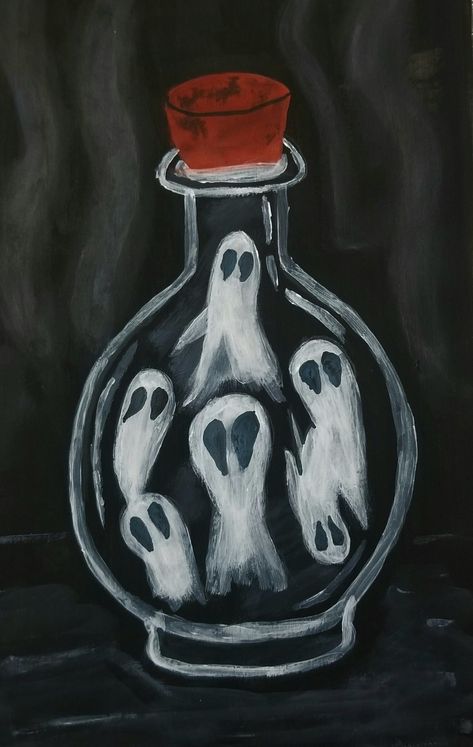 Spooky Cute Painting Ideas, Canvas Drawing With Black Background, Easy Goth Painting Ideas, Scary Painting Ideas, Spooky Paintings, Miyazaki Art, Halloween Folk Art, Dark Paintings, Black Paper Drawing