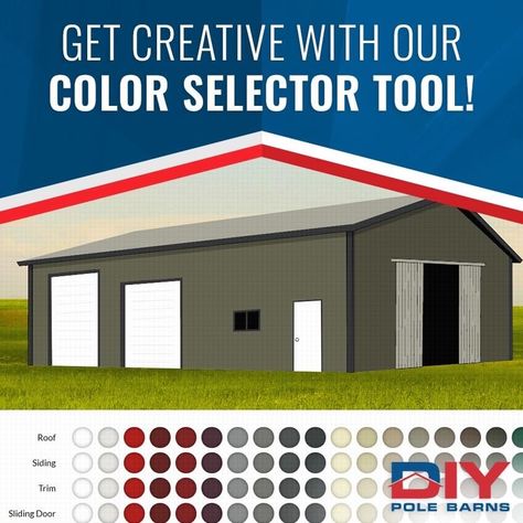 Want to know what your pole barn will look like once it's completed? Bring out your creative side with the Color Selector Tool and explore hundreds of color combinations! Metal Shop Color Schemes, Shop Colors Metal, Metal Building Exterior Colors Schemes, Metal Shop Colors, Metal Barn Colors Scheme Exterior, Metal Roof And Siding Color Combinations, Barndominium Exterior Colors Metal, Pole Barn Colors Scheme Exterior, Barn Colors Exterior